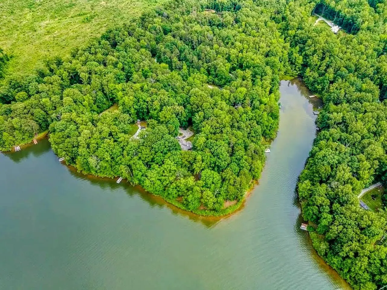 Aerial view of the wooded point and Mayo Lake cove surrounding the property